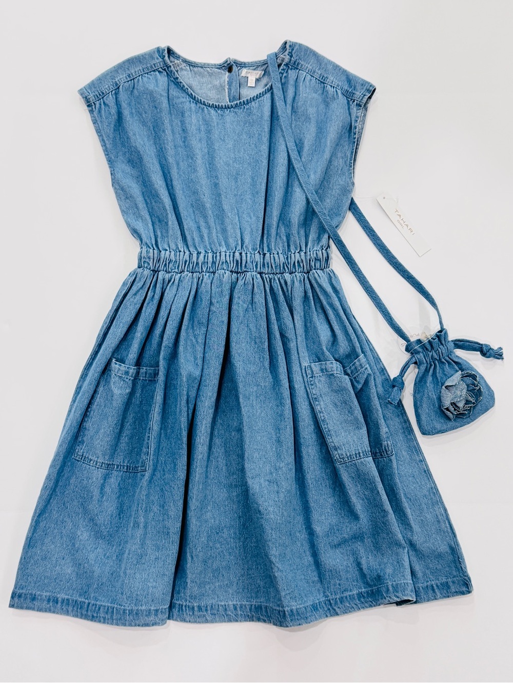 Tahari girls Denim Dress With Matching Crossbody Flower Drawstring Pouch Size 12
